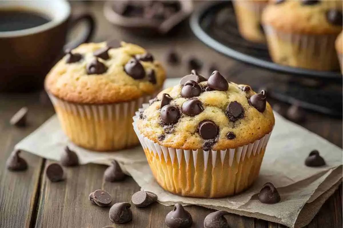 Freshly baked chocolate chip muffins with golden tops.