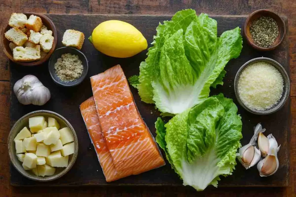 Fresh ingredients for Salmon Caesar Salad on a cutting board.