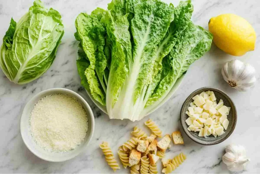 Flat lay of fresh ingredients for Caesar pasta salad.