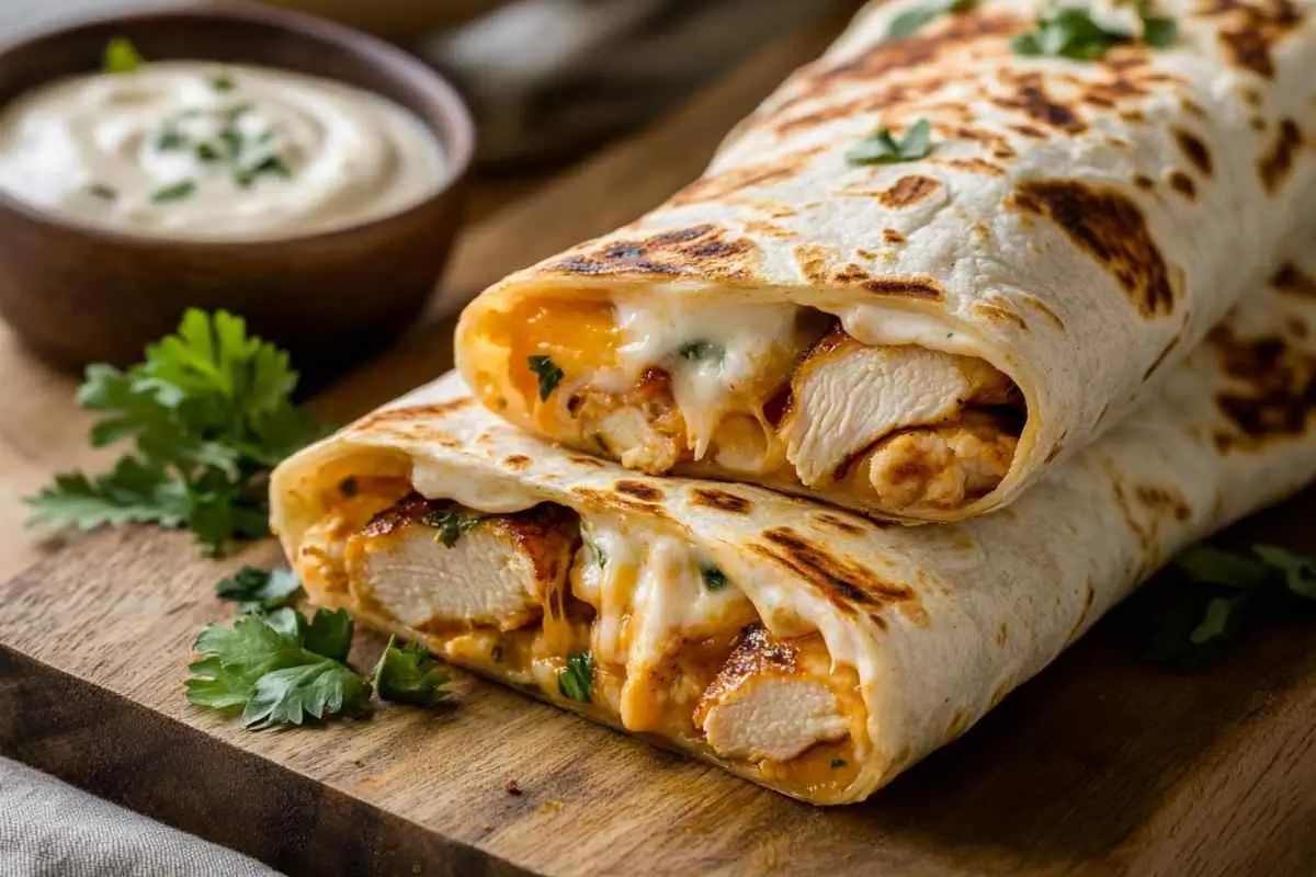 Crispy cheesy garlic chicken wrap sliced in half with melted cheese and garlic sauce