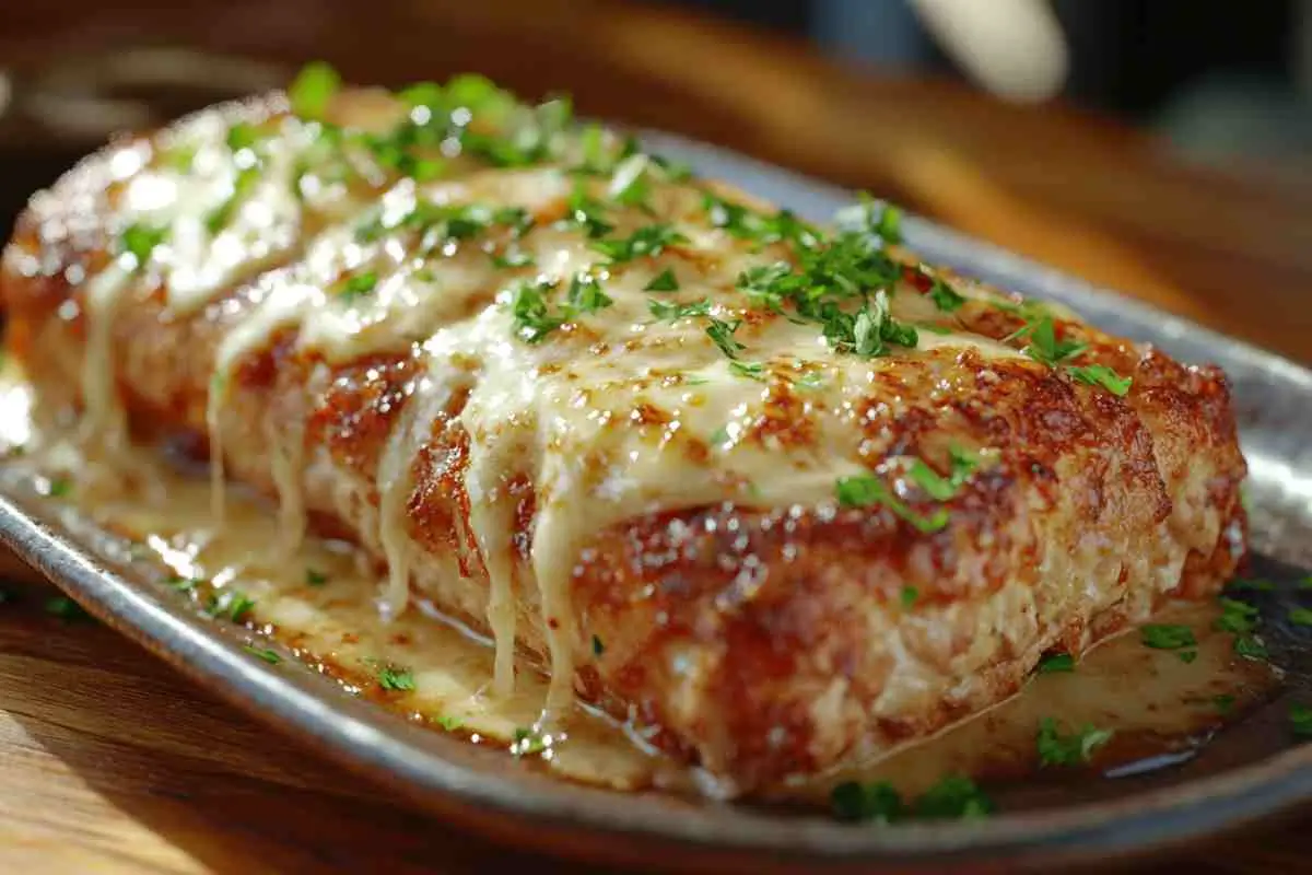 Garlic Parmesan Chicken Meatloaf with melted Parmesan glaze