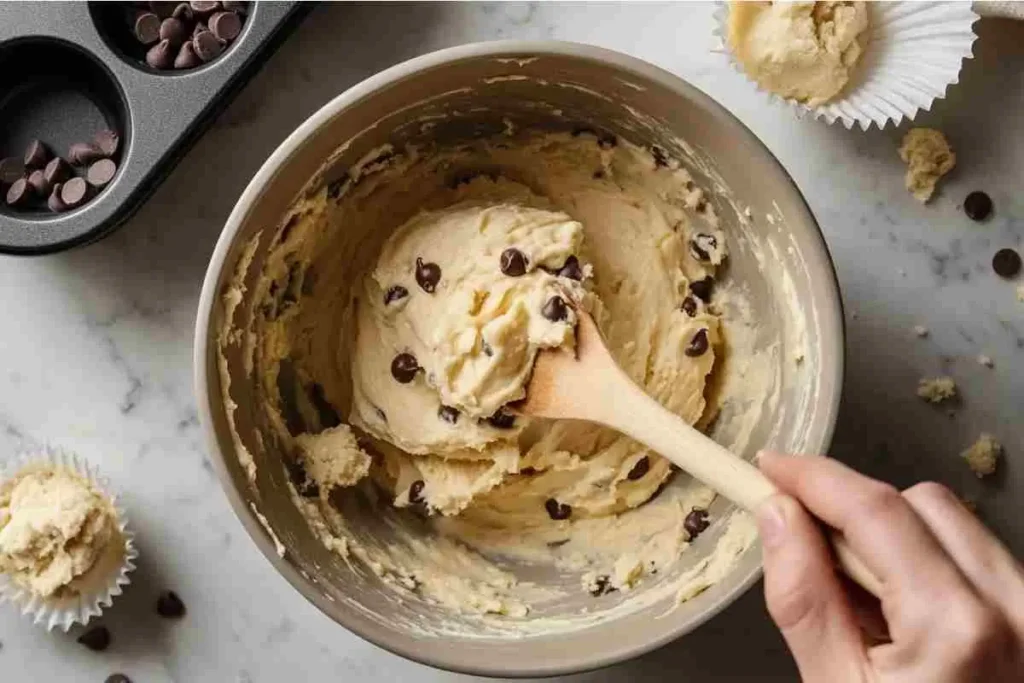 Mixing muffin batter with chocolate chips.