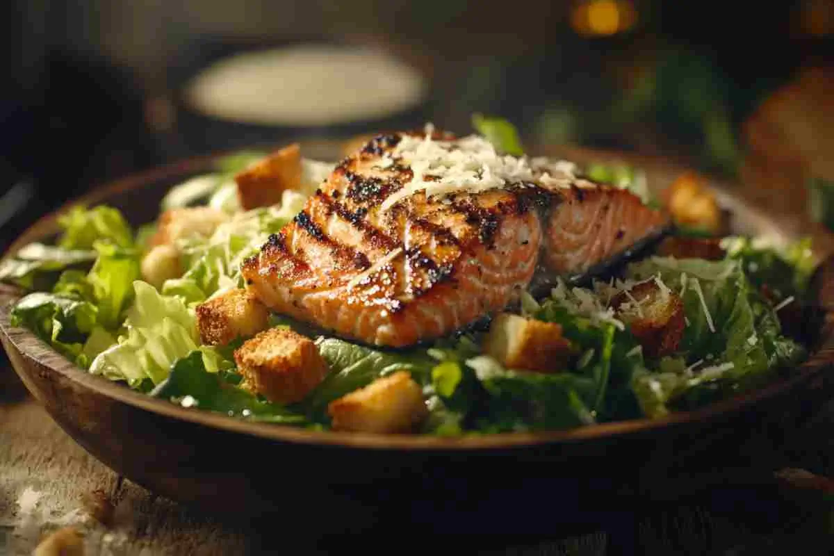 A gourmet Salmon Caesar Salad with grilled salmon, croutons, and Parmesan.