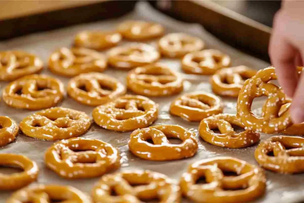 Pretzels being coated in a honey mustard glaze on a baking tray.