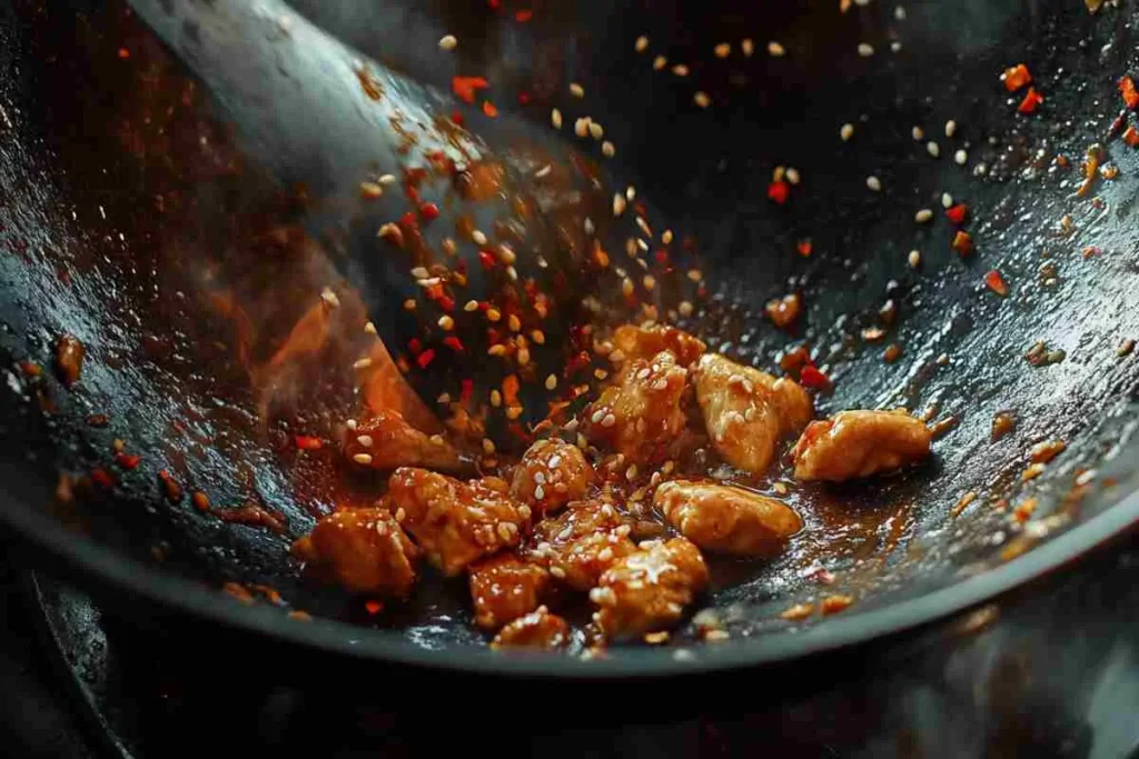 Chicken cooking in a wok with Empress Chicken sauce