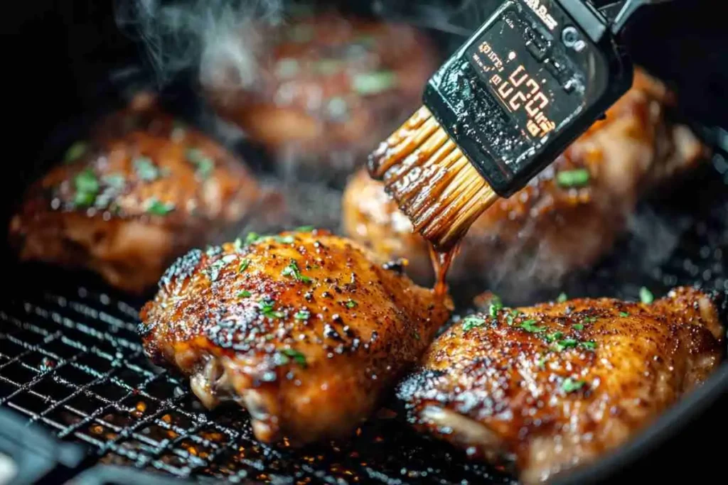  Marinated chicken thighs placed in an air fryer basket