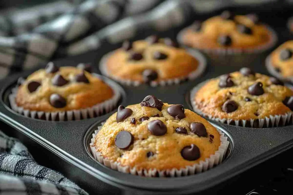 Freshly baked chocolate chip muffins cooling in a tin.