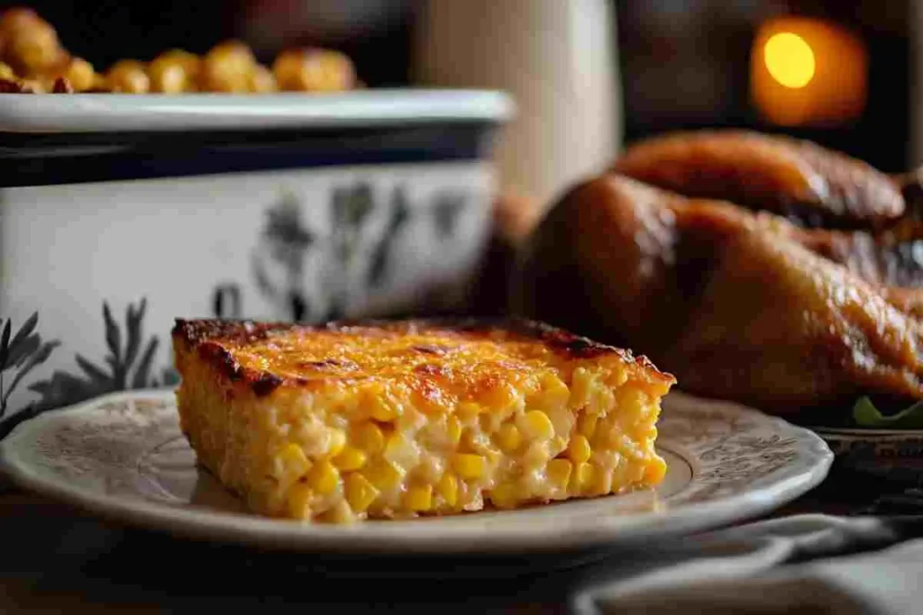 Slice of corn casserole without Jiffy served with roast chicken