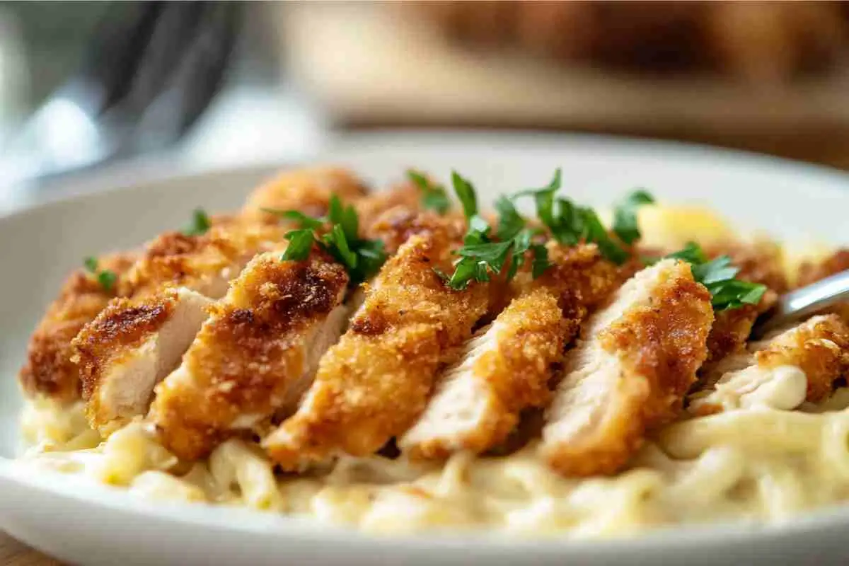 Crispy Chicken Fritta served over Alfredo pasta with parsley garnish