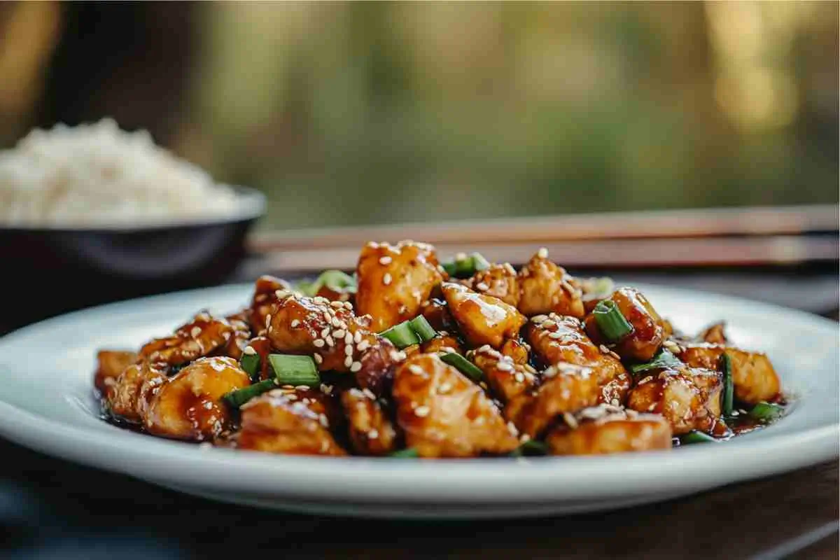 Empress Chicken served with sesame seeds and green onions