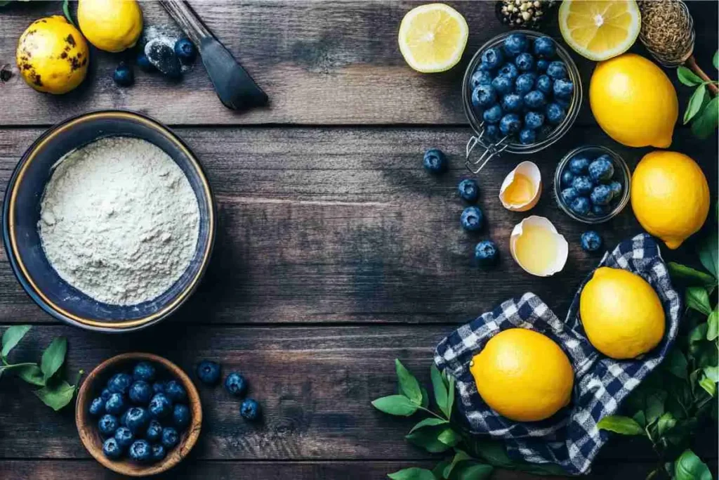 Baking ingredients for lemon blueberry cookies laid out on a wooden table