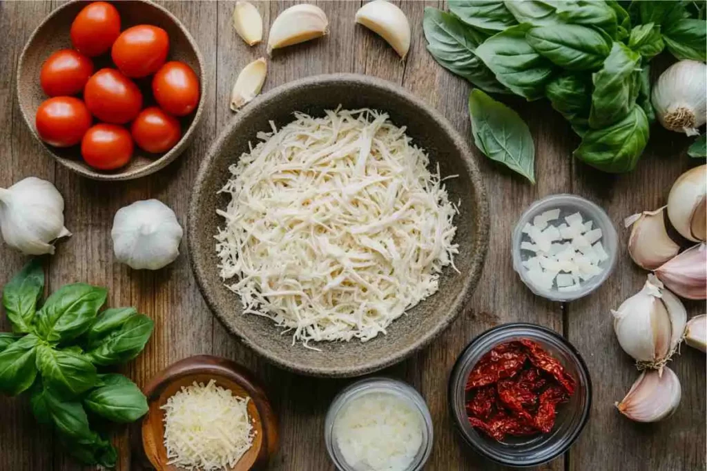 Ingredients for Marry Me Chicken Soup, including chicken, sun-dried tomatoes, and Parmesan.