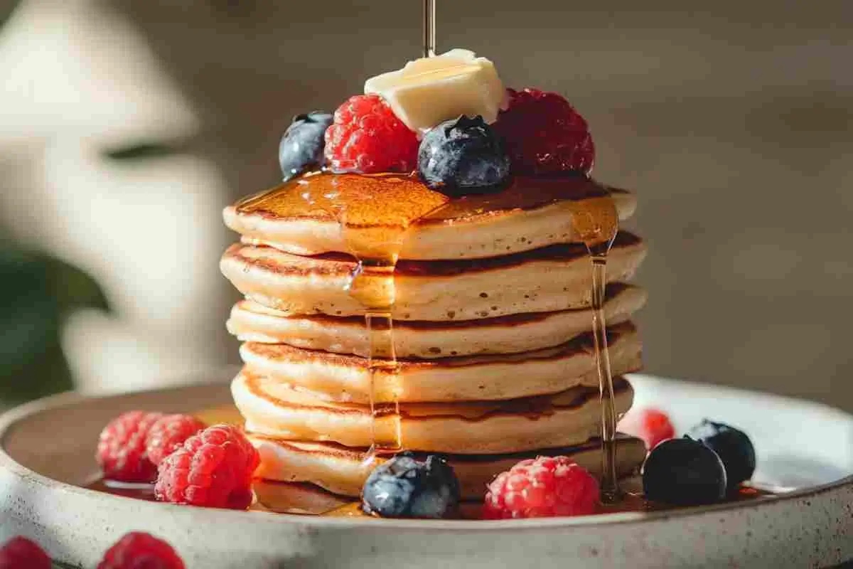 Stack of golden mini pancakes with syrup and berries