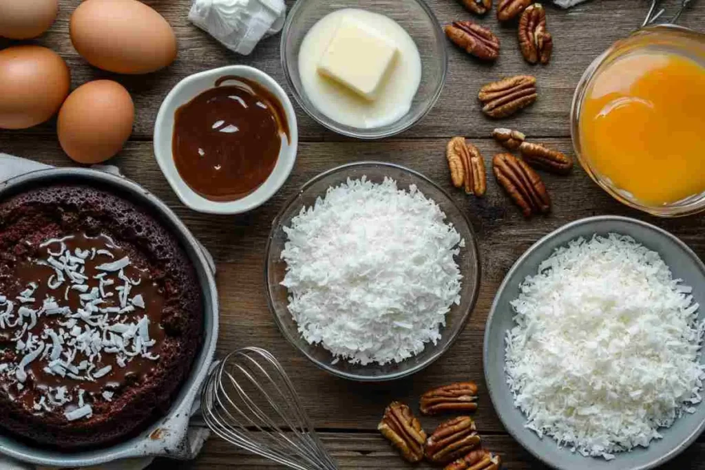 Ingredients needed for German Chocolate Poke Cake.