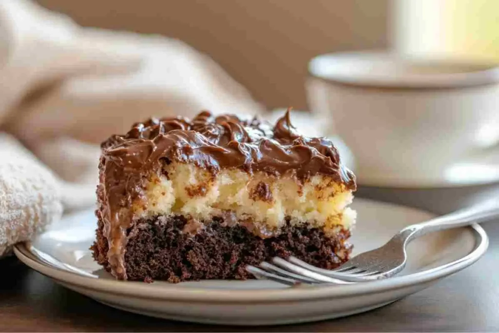 A serving of German Chocolate Poke Cake with a fork and coffee.