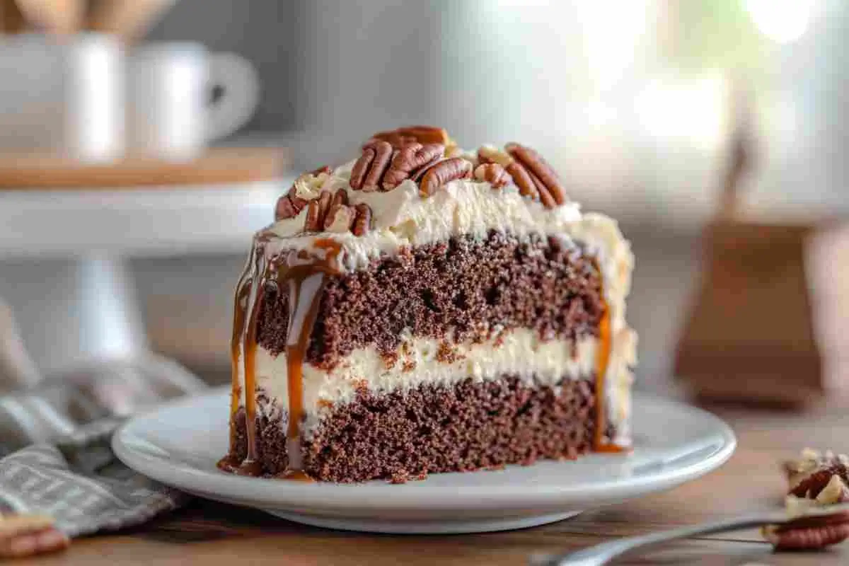 A decadent slice of German Chocolate Poke Cake with caramel drizzle.