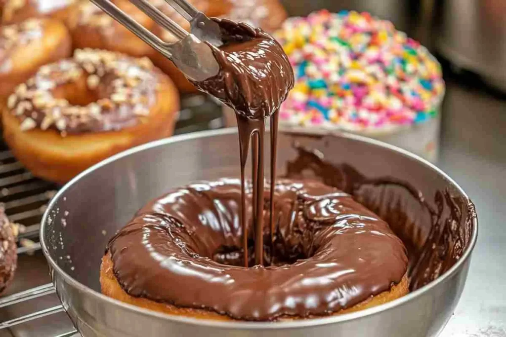 Dipping a donut into rich chocolate glaze