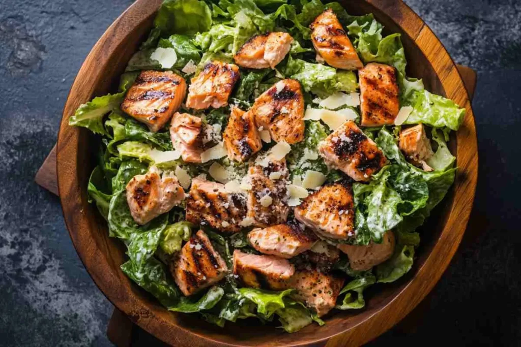 Freshly tossed Salmon Caesar Salad in a wooden bowl.