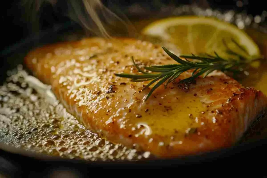 Pan-seared salmon fillet cooking in a skillet for Caesar Salad.