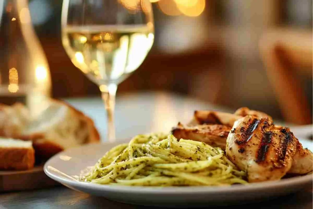 Green Spaghetti served with grilled chicken