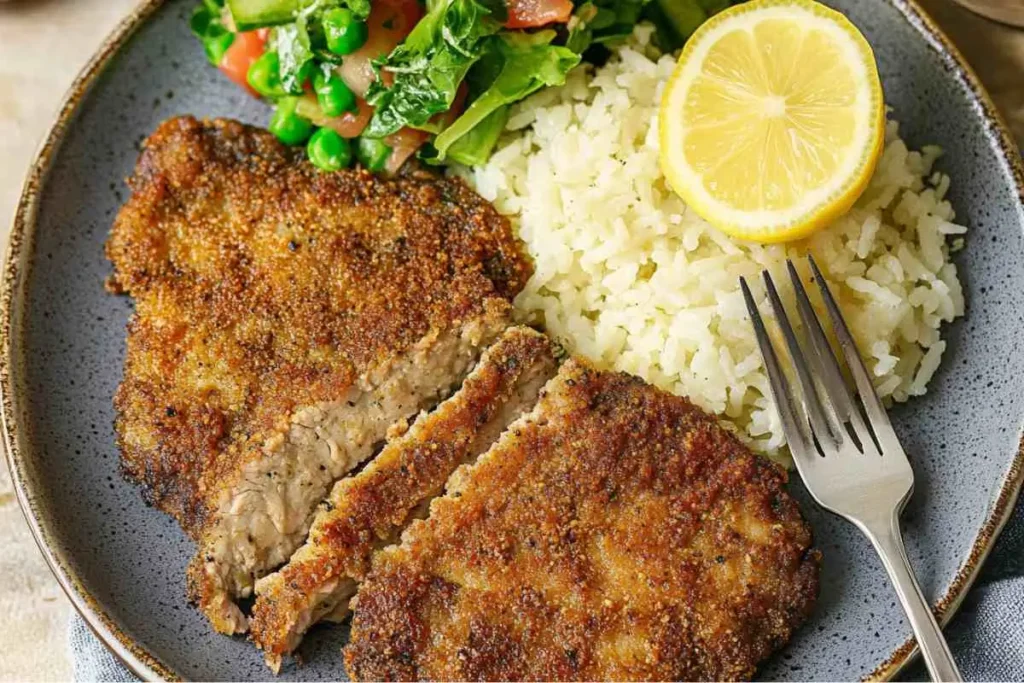 Milanesa Steak served with salad and rice