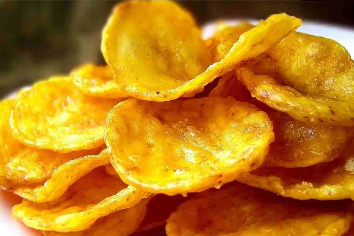 Close-up of crispy golden plantain chips