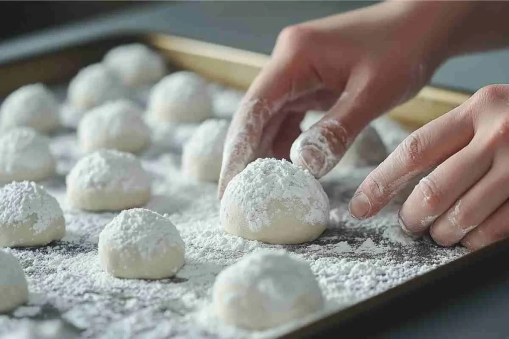 Rolling Cool Whip cookie dough in powdered sugar