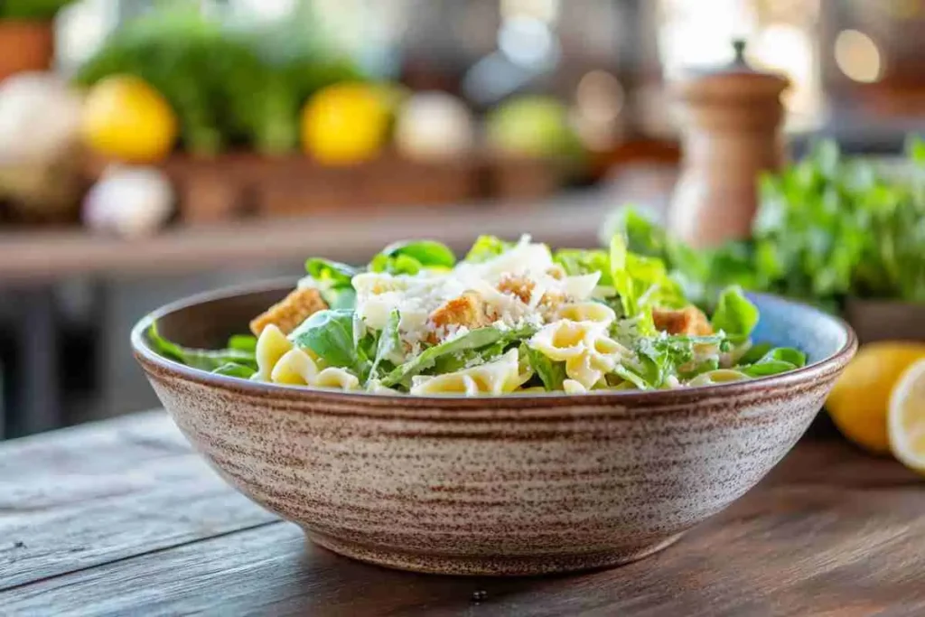 Close-up of a plated Caesar pasta salad with Parmesan and lemon.