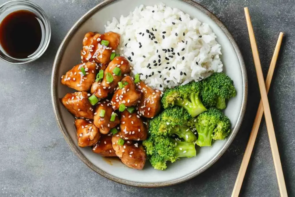 Air fryer teriyaki chicken with rice and steamed broccoli