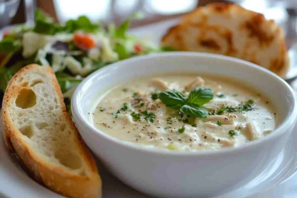 Marry Me Chicken Soup served with garlic bread and a Caesar salad.