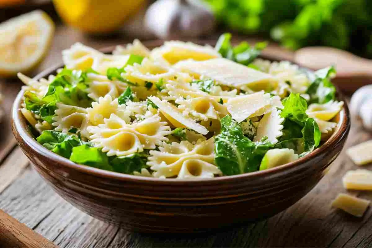 Caesar pasta salad in a rustic bowl with creamy dressing and fresh toppings.