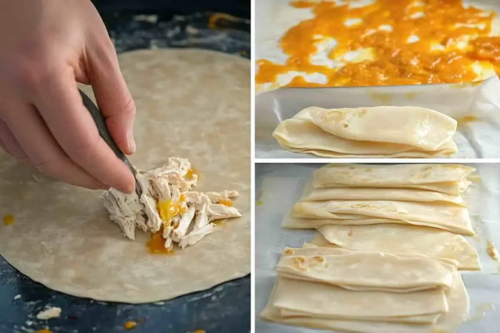 Step-by-step process of assembling a cheesy garlic chicken wrap