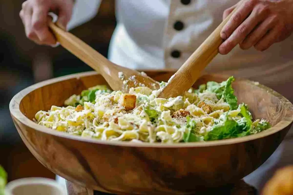 Chef tossing Caesar pasta salad in a wooden bowl with creamy dressing.