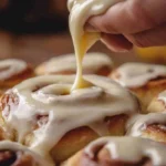 Freshly baked sourdough discard cinnamon rolls with frosting