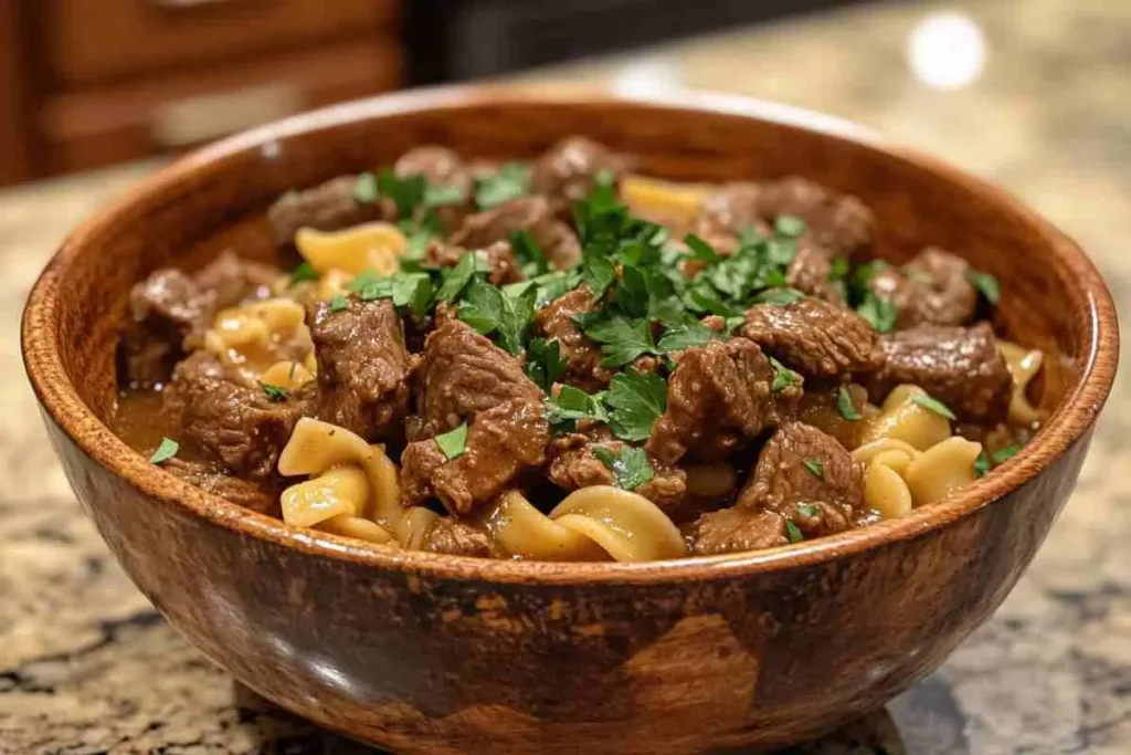 crockpot beef tips and noodles served in a bowl