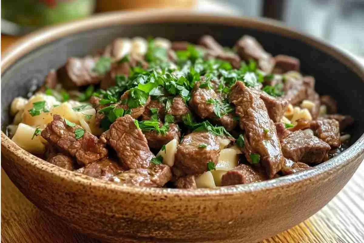 Delicious crockpot beef tips and noodles served in a bowl