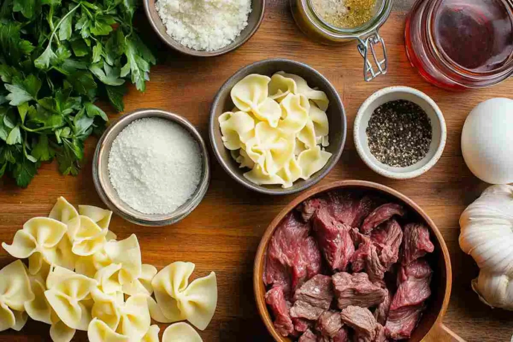 All the ingredients needed for crockpot beef tips and noodles