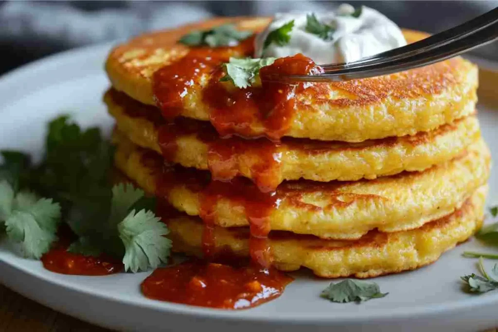 Spicy New Mexican pancakes with red chile sauce