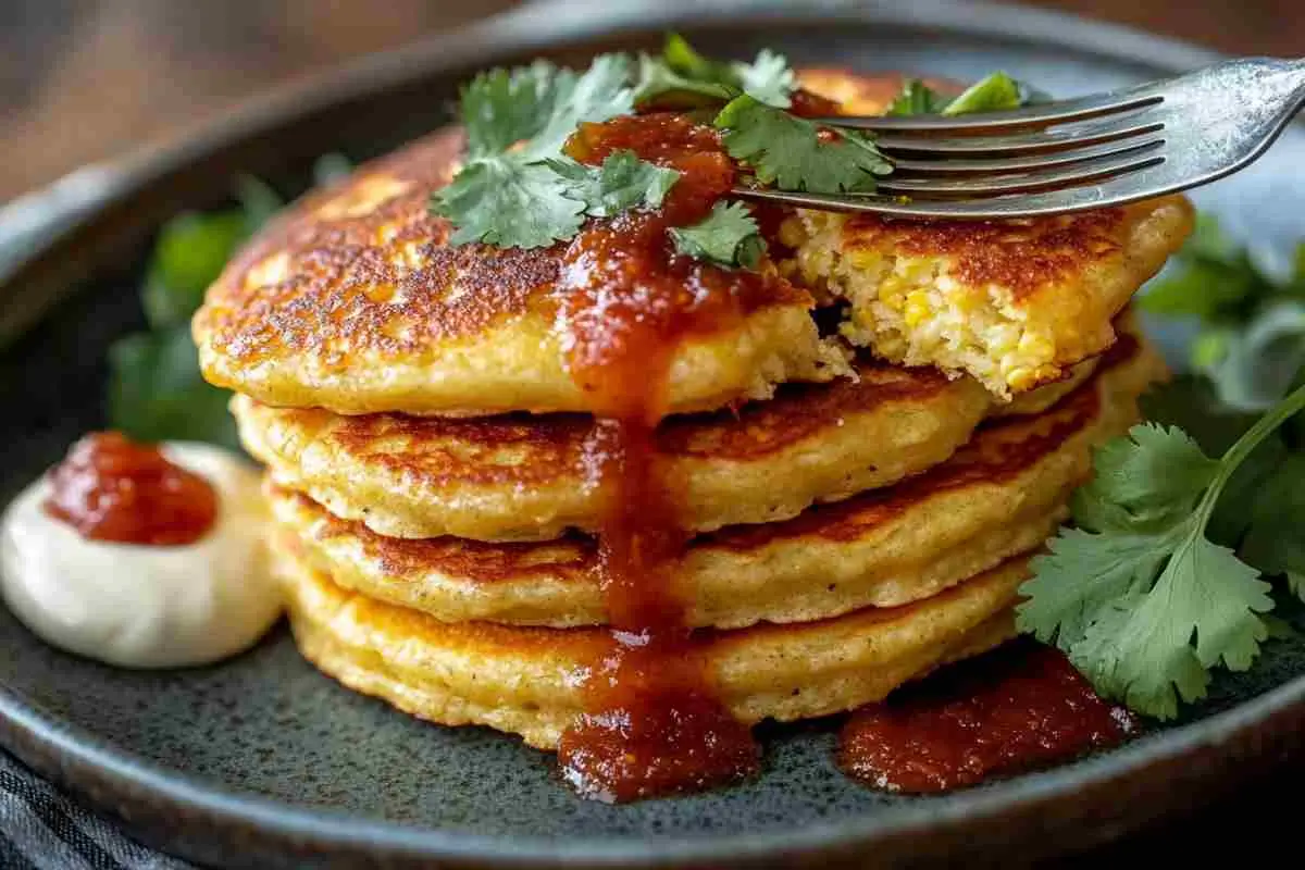 A stack of Mexican pancakes with dulce de leche and berries