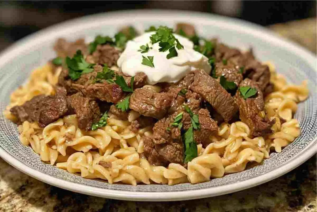 Plated crockpot beef tips and noodles with parsley and sour cream