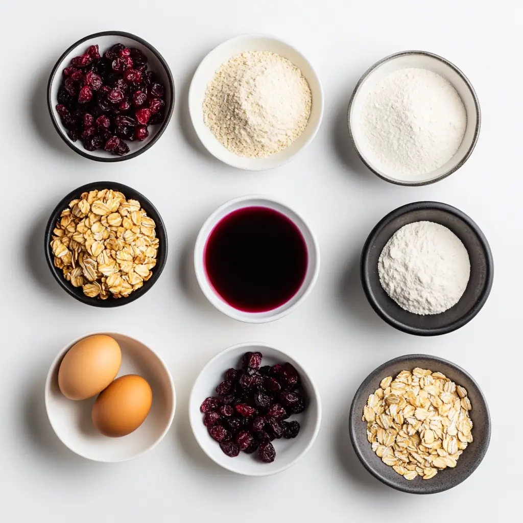  Ingredients for making cranberry oatmeal cookies: flour, oats, butter, sugar, eggs, cranberries, and white chocolate.