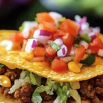 Delicious Hillbilly Tacos loaded with ground beef, cheese, onions, and jalapenos.