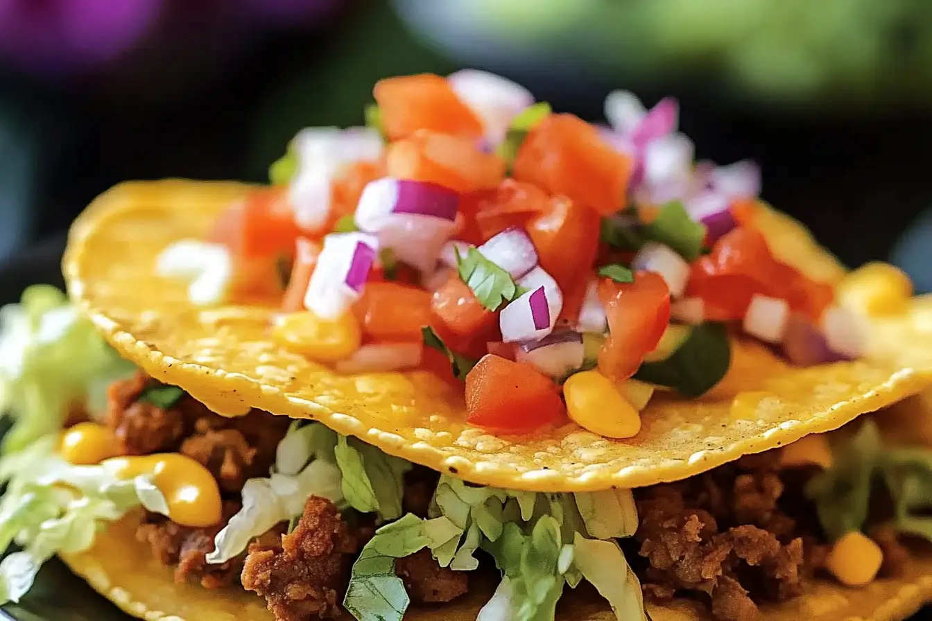 Delicious Hillbilly Tacos loaded with ground beef, cheese, onions, and jalapenos.