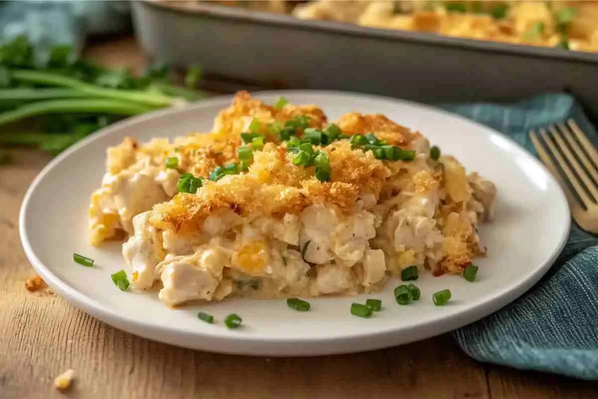 Million Dollar Chicken Casserole bubbling with melted cheese, fresh from the oven.