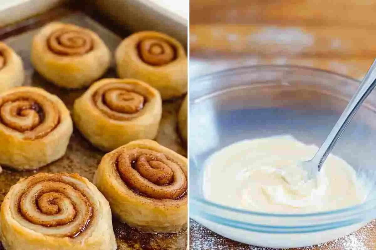 Detailed view of a single, iced pie crust cinnamon roll, emphasizing its spiral shape and texture.