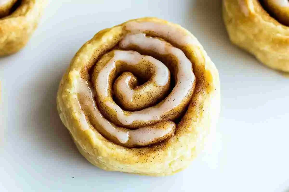 Delicious pie crust cinnamon rolls drizzled with icing on a white plate.
Title: Iced Pie Crust Cinnamon Rolls