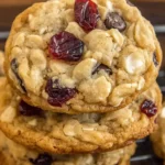 Delicious cranberry oatmeal cookies cooling on a wire rack, studded with cranberries and white chocolate.