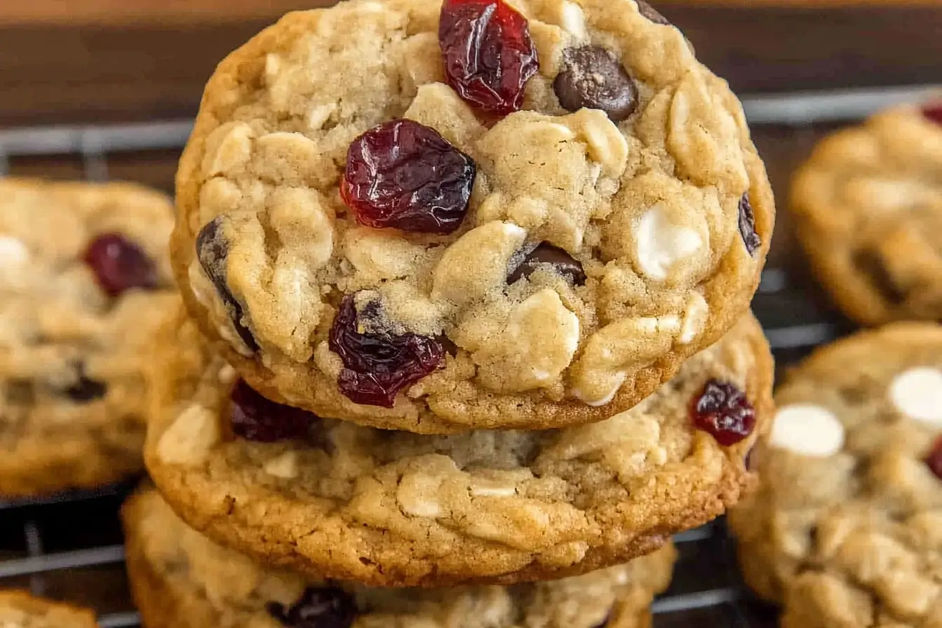 Delicious cranberry oatmeal cookies cooling on a wire rack, studded with cranberries and white chocolate.